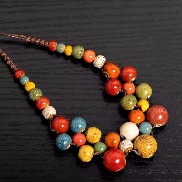 Boho Hippie Ceramic Beaded Necklace for Women Statement Chunky Bohemian Fall Col - Picture 2 of 7